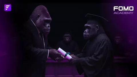 AI Video from prompt: Fomo ape graduates from fomo academy and is now 