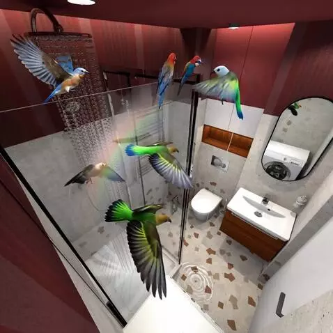 AI Video from prompt: birds circle around the bathroom, rising to the 