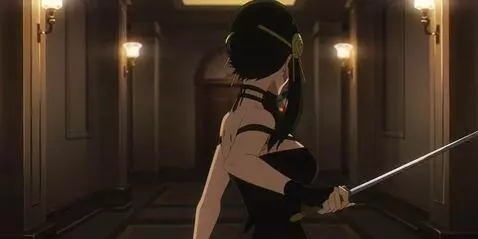 AI Video from prompt: Yor Forger, turns around after hearing a man in 