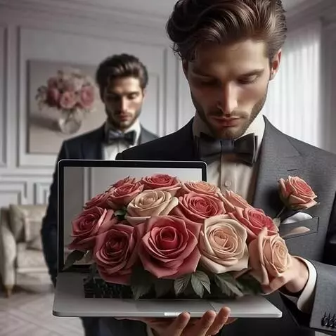 AI Video from prompt: Мужчина дарит цветы и сердечко через интернет