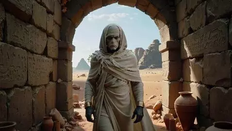 AI Video from prompt: An ancient Egyptian mummy walks out of it's tomb