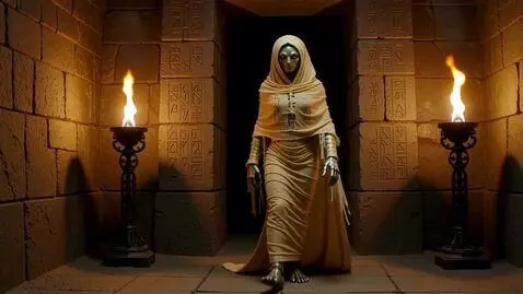 AI Video from prompt: An ancient Egyptian mummy walks out of it's tomb