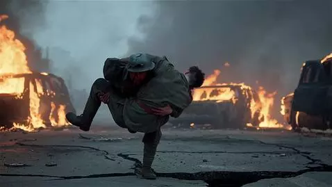 AI Video from prompt: A soldier in a damaged helmet runs through flame