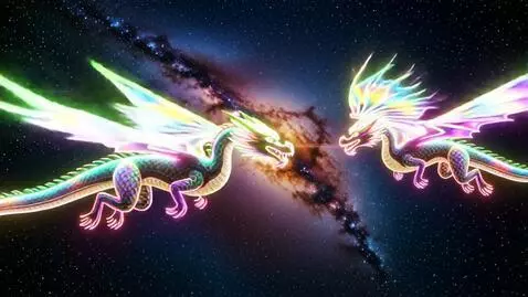 AI Video from prompt: Colorful bright glowing neon tye dye dragons fly