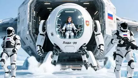 AI Video from prompt: Робот в шарообразной форме вместе с  космодесант