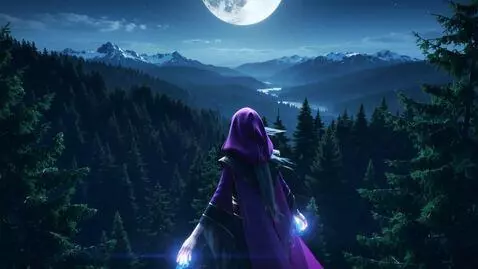 AI Video from prompt: An ethereal witch gracefully rises above a forre