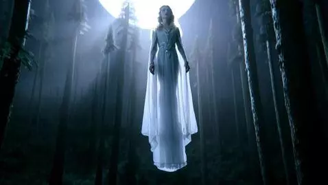 AI Video from prompt: An ethereal witch gracefully rises above a forre