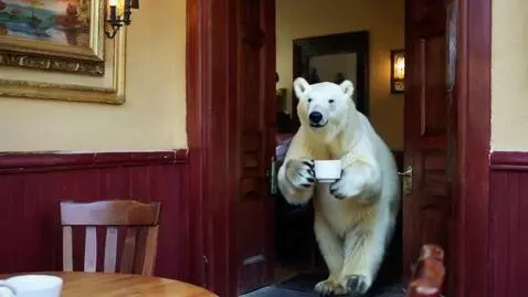 AI Video from prompt: Белый медведь идет к кафе, улыбается прохожим за