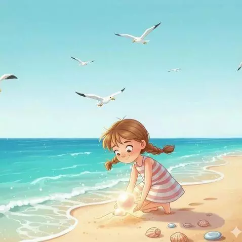 AI Video from prompt: On a sunny beach, a little girl named Mila walks
