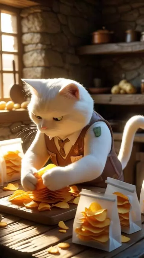 AI Video from prompt: Kitten put chips in bags
