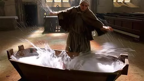 AI Video from prompt: a pilgrim woman throwing out the baby with the b