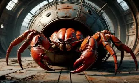 AI Video from prompt: Crab hides inside the steel sphere