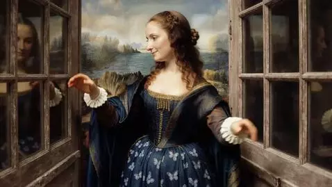 AI Video from prompt: The Mona Lisa, with a slight smile, extends her 
