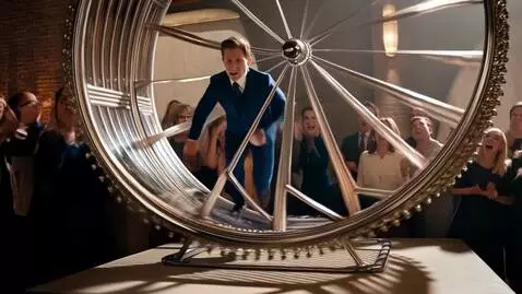 AI Video from prompt: A miniature man in a suit runs in a big hamster 