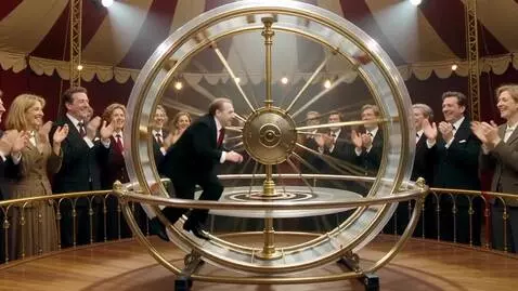 AI Video from prompt: A miniature man in a suit runs in a big hamster 