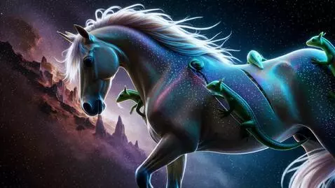 AI Video from prompt: Gecko creatures climbing a huge unicorn coexist 