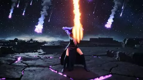 AI Video from prompt: Женщина с чёрными длинными волосами с тёмно-фиол