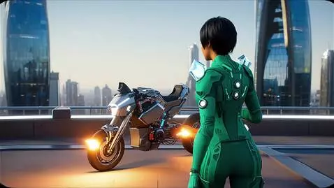 AI Video from prompt: В солнечной мегаполисной среде появляется молода