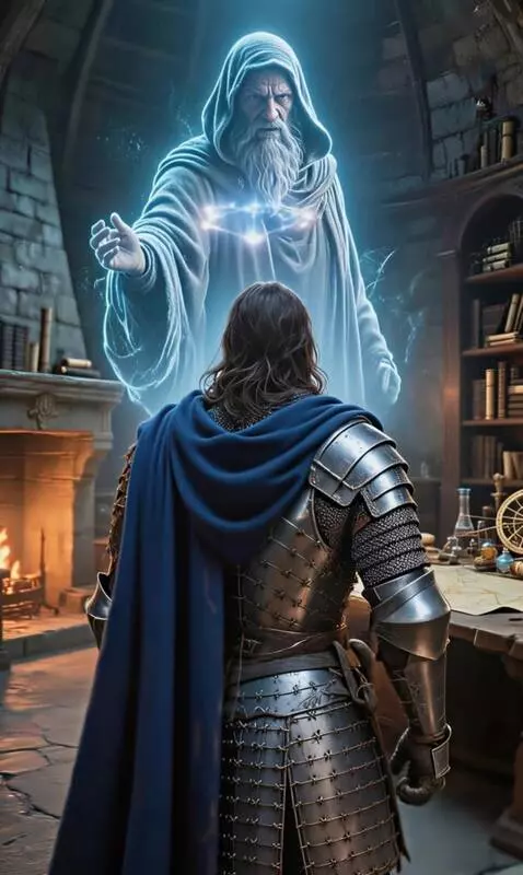 AI Video from prompt: The magician's hologram moves, and a ghostly sta