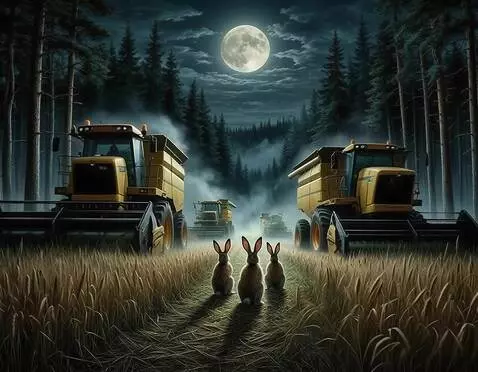 AI Video from prompt: камера летит прямо над головами зайцев между ком