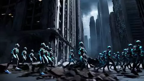 AI Video from prompt: A group of androids march through a destroyed dy