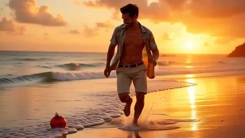 AI Video from prompt: A playful, handsome dark-haired man with an open