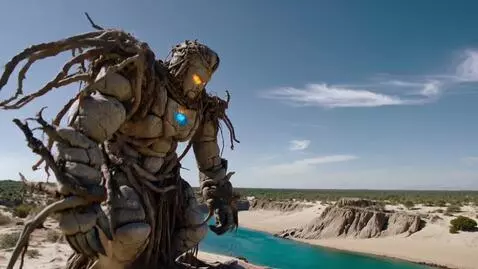 AI Video from prompt: A dried-up riverbed cuts through the desert. A g