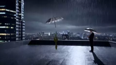 AI Video from prompt: On the roof of a skyscraper on a rainy night, a 