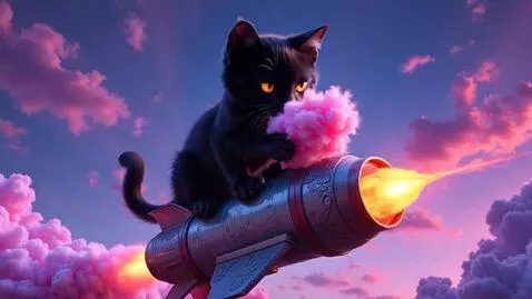 AI Video from prompt: a black Evil Kitty is riding on a rocket soaring