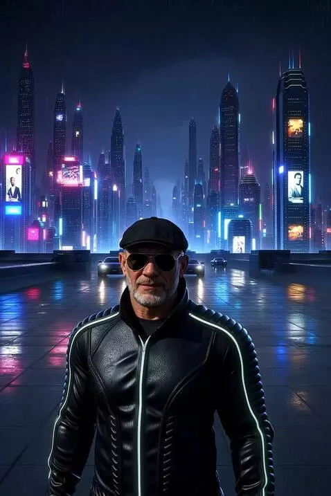 AI Video from prompt: A cinematic cyberpunk night scene of a man in hi
