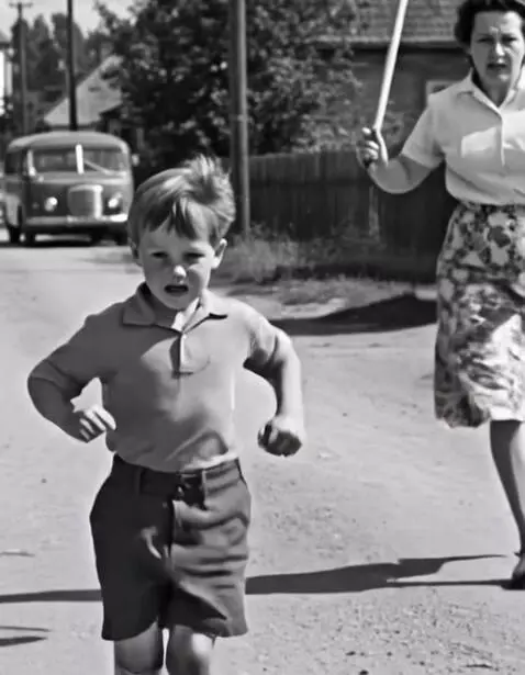 AI Video from prompt: Mom chasing the boy trying to smak him with the 