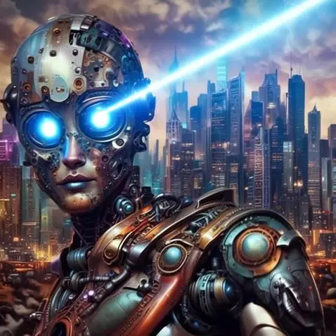 AI Video from prompt: The android lights up its eyes and emits a blue 