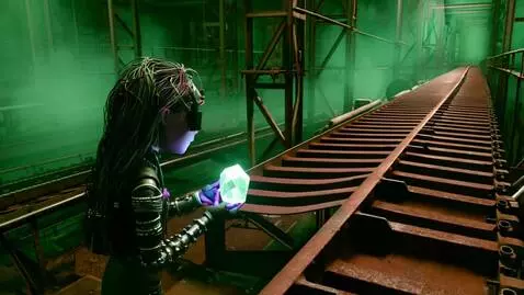 AI Video from prompt: An abandoned factory: rusty conveyor belts, gree