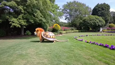 AI Video from prompt: A lion with the back of a tortoise , in a garden
