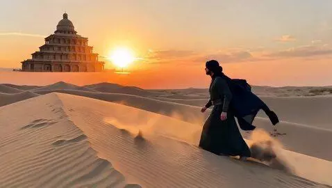 AI Video from prompt: At golden hour, a lone traveler walks through a 