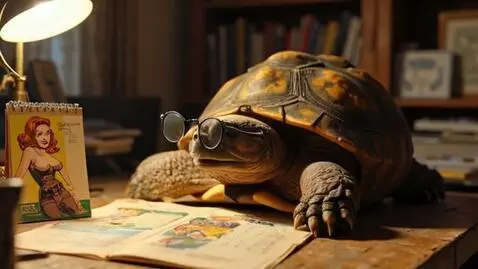 AI Video from prompt: an elderly, bespectacled turtle looks at a calen