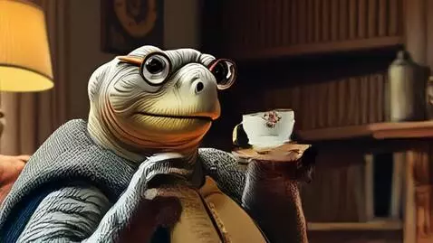 AI Video from prompt: an elderly, bespectacled land tortoise sips tea 