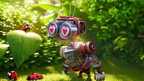 AI Video from prompt: an adorable little robot made of recycled parts 