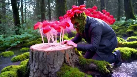AI Video from prompt: Forest after rain. A man in a moss mask (crown o