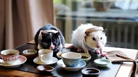 AI Video from prompt: две крыски пьют кофе одна черная зовут её Диана 