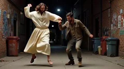 AI Video from prompt: Jesus breakdancing with a homeless man in a inne
