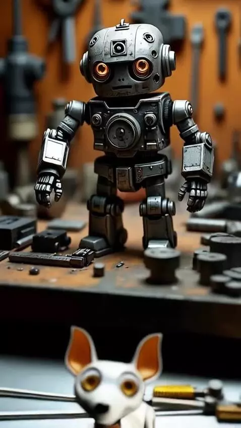 AI Video from prompt: The robot takes a screw, a nut and builds a robo