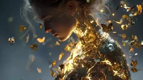 AI Video from prompt: A glowing young woman bows her head slightly, ey