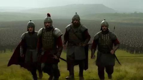 AI Video from prompt: Three medieval Slavic warriors in armor stand on