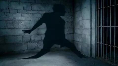 AI Video from prompt: A prison cell. A prisoner dances - his shadow on