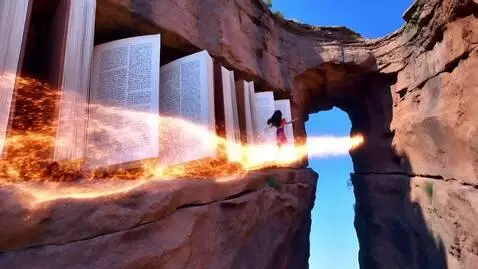 AI Video from prompt: A deep canyon between book-rocks. A woman shouts