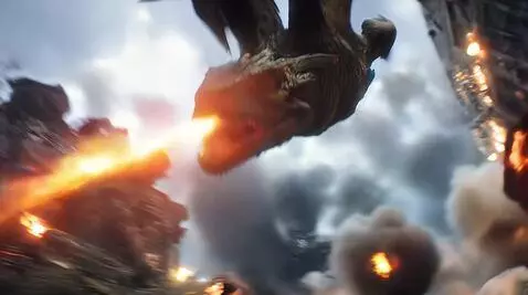 AI Video from prompt: The dragon is flying at full speed destroying th