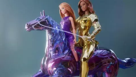 AI Video from prompt: barbie riding a robot horse in the metaverse, me