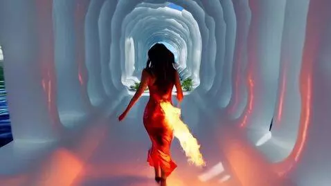 AI Video from prompt: A woman in a burning dress runs through a corrid