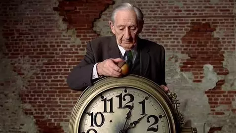AI Video from prompt: An old man plants an acorn in the top of a clock